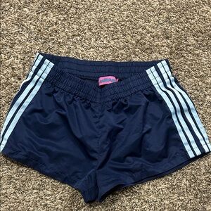 Edikted Navy Blue Athletic Shorts with Light Blue Stripes